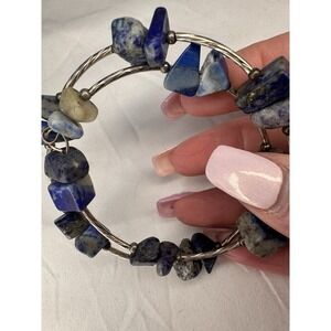 Lapis Lazuli Wrap Bracelet Vintage Raw Stones Blue Silver tone‎ Handmade